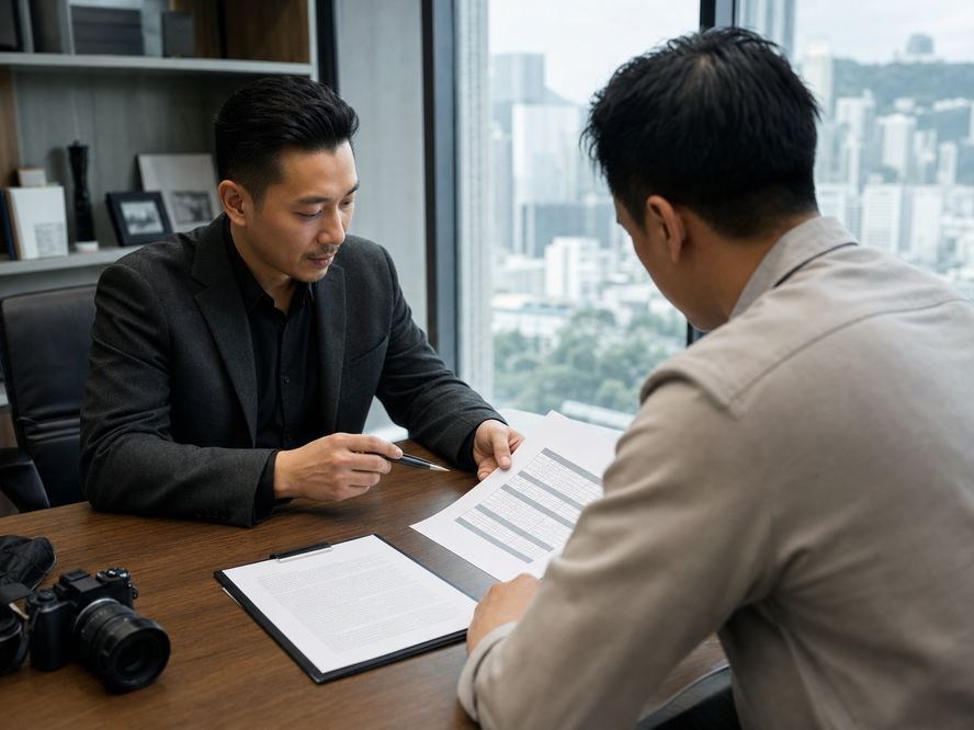 私家偵探與委託人辦公室內商討收費同保密協議