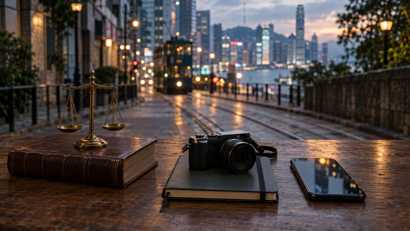 法律書、天秤、相機同手機並排擺放，背景係香港電車路夜景