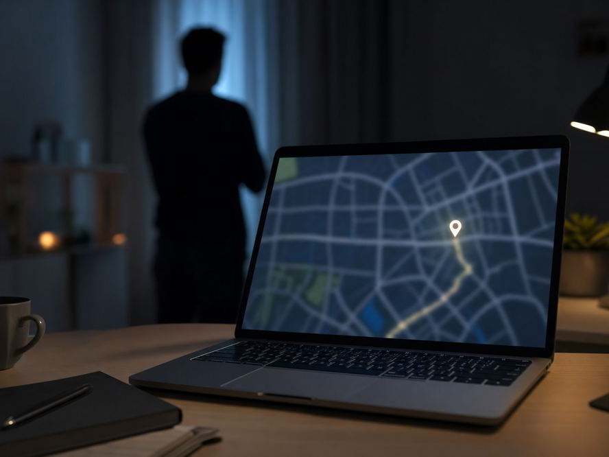 夜晚筆記型電腦顯示地圖介面,背景有人影,象徵查看定位紀錄