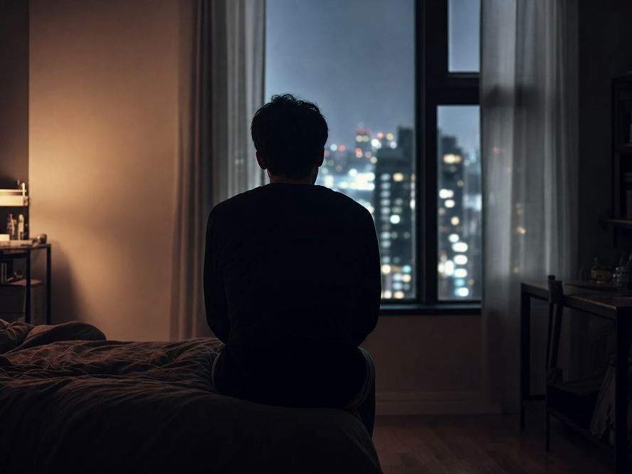 出租單位房間內,人物背影坐喺床邊望向窗外夜景,象徵第三者處境嘅孤獨同不穩定