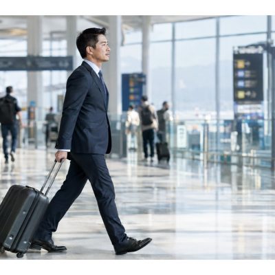 商務旅客拖住行李喺機場出發