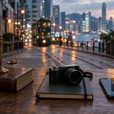 法律書、天秤、相機同手機並排擺放，背景係香港電車路夜景