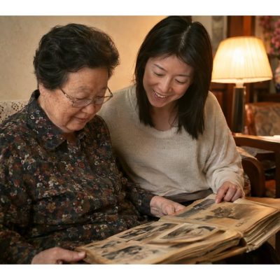 家人翻看舊相簿尋找失散親人線索