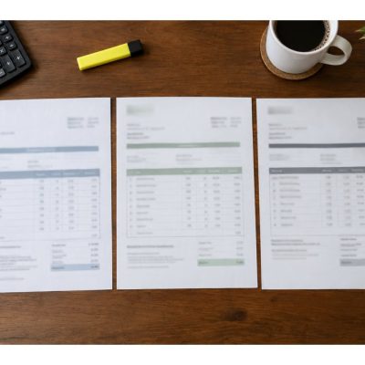 桌上擺放幾份私家偵探報價單進行比較