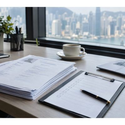 人事部桌上待審查嘅求職履歷同核對清單